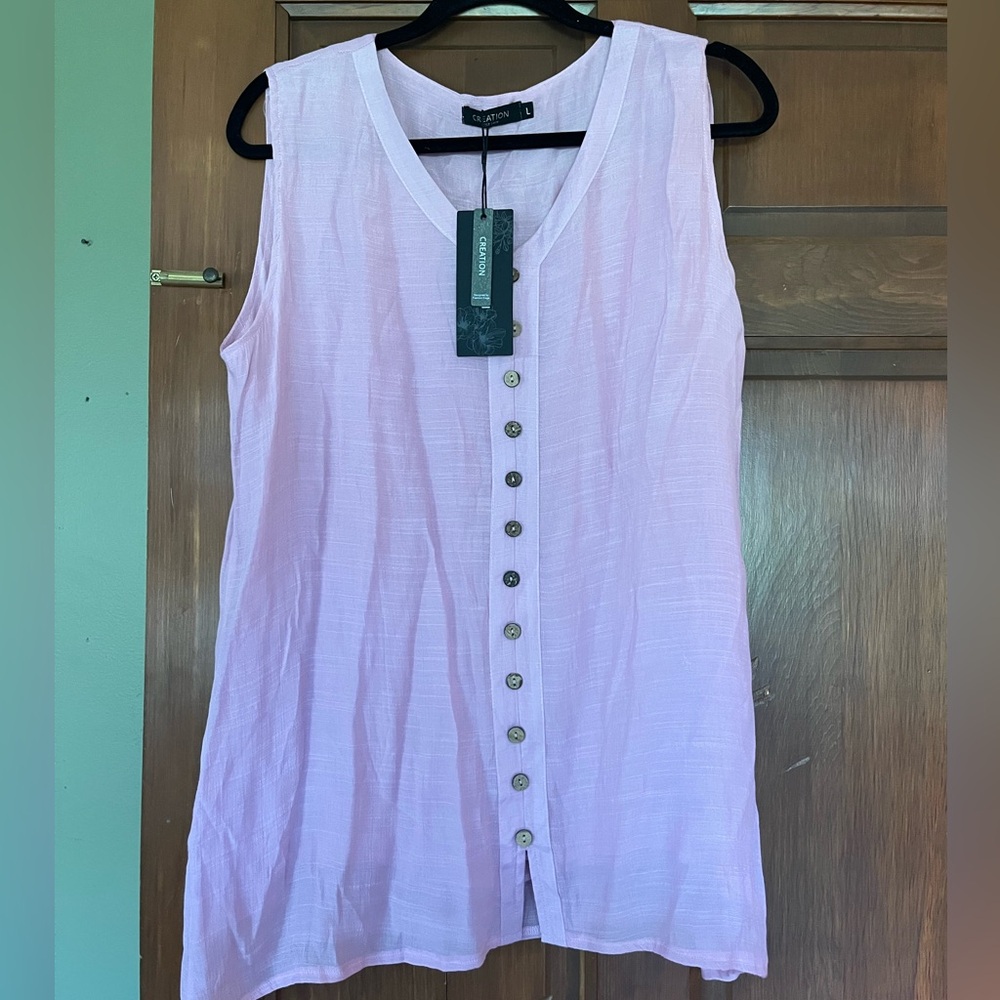 Brand New Pink Sleeveless Shirt with decorative brown buttons Size Medium Large